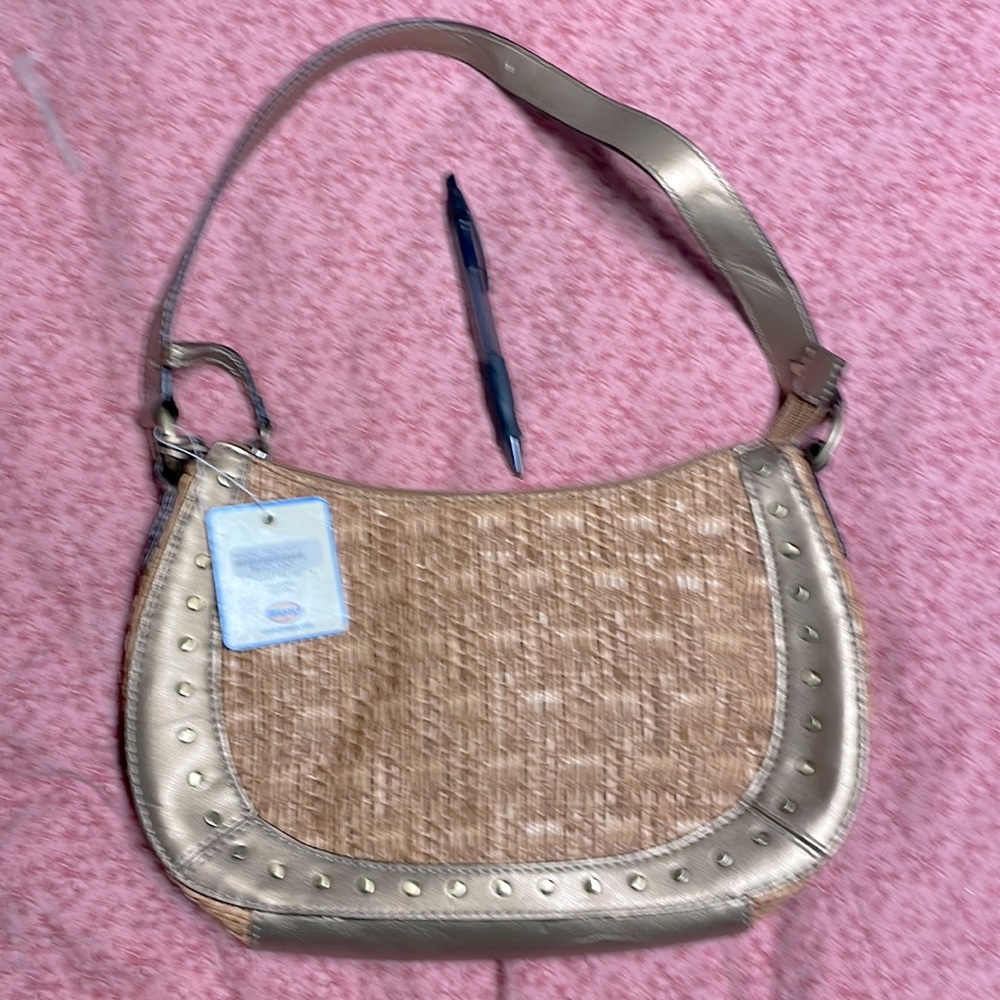 Brand new brown and gold straw hand bag